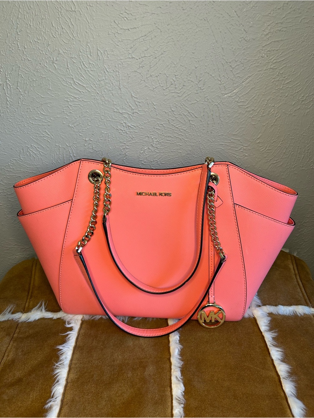 Michael Kors Coral Pink Saffiano Tote with Gold Hardware